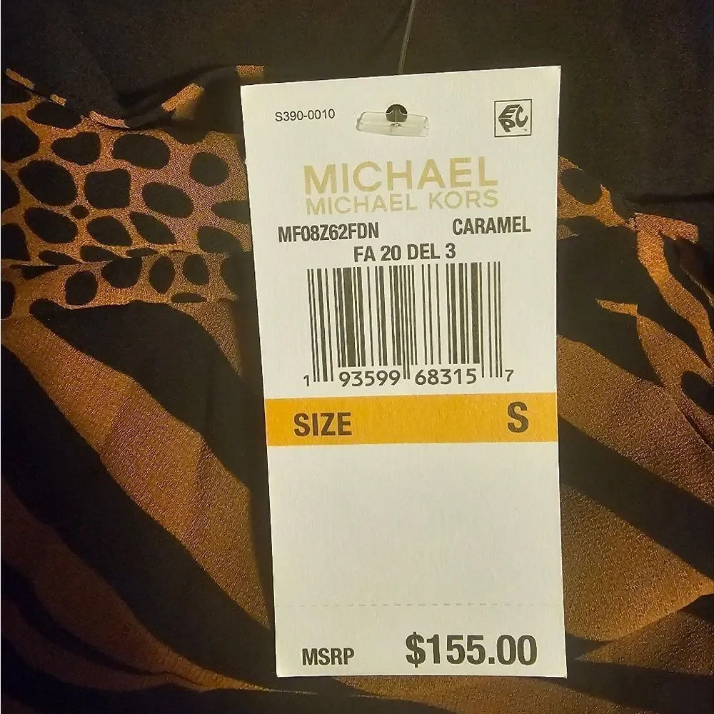 MICHAEL KORS NWT Ruffle Flounce Animal Print Caramel Tie Neck Dress‎ - Small